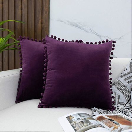 Pom Poms Velour Pudebetræk, pakke med 2 dekorative pyntepudebetræk til sofa, seng, 45x45 cm, aubergine lilla