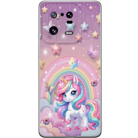 Kompatibel Mobilcover til Xiaomi 13 Pro Magisk enhjørning med regnbue manke, stjerner og sommerfugle mod en pastelfarvet himmel med skyer