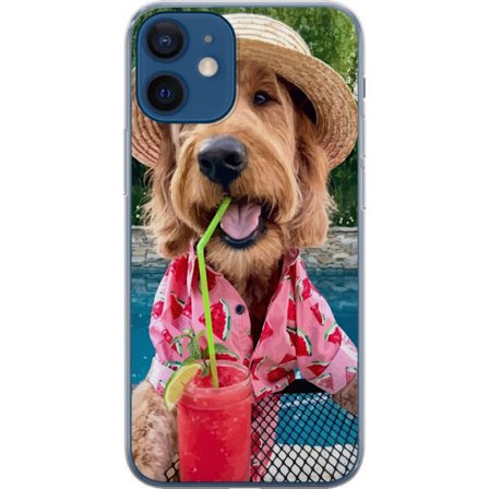 Kompatibelt Mobilskal till Apple Apple iPhone 12 Sommarhund dryck motiv med glad hund i hatt och rosa skjorta som dricker en smoothie vid poolen perf