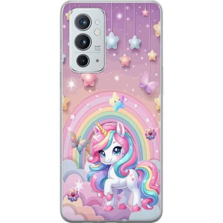 Kompatibelt Mobildeksel til OnePlus 9RT 5G Magisk enhjørning med regnbue manke, stjerner og sommerfugler mot en pastellhimmel med skyer
