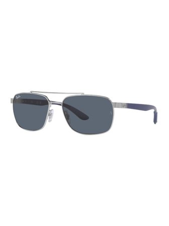 Ray Ban Sunglasses with a frame made of metal in silver and lenses made of polycarbonate in dark grey.