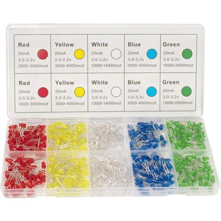 300 stk (5 farger x 60 stk) 5 mm LED lysdiode rund assortert farge hvit/rød/gul/grønn/blå settboks