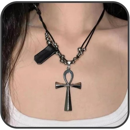 Ankh-halskæde til mænd og kvinder, sort PU-læder, knyttet halskæde, sølvperler, lange halskæder, 86 cm rebkæde, egyptiske religiøse smykker-Glad