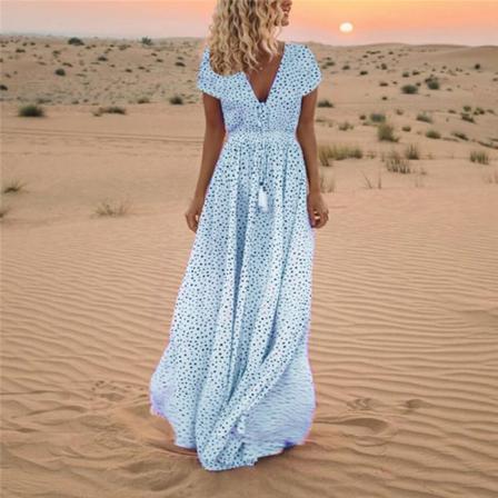 Polka Dot Print Lång Festklänning Elegant V-ringad Boho Tofs Max