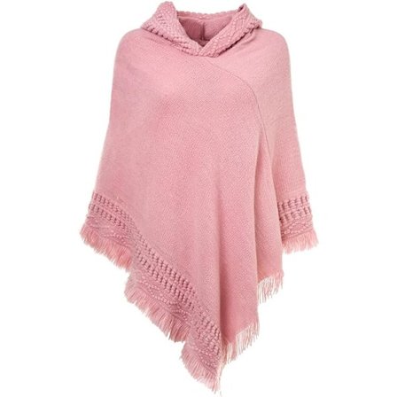 Stiligg og varm heklet poncho med hette (rosa) for høst og vinter