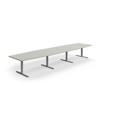 Conference table QBUS, boat shaped, 4800x1200 mm, T-frame, silver frame, light grey