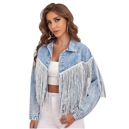 Damfransar med långärmad jeansjacka med drop-axel