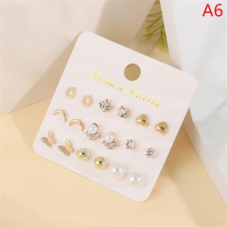12 par/sett kvinners Pearl Flower Crystal Mix Design Studs Earr A6