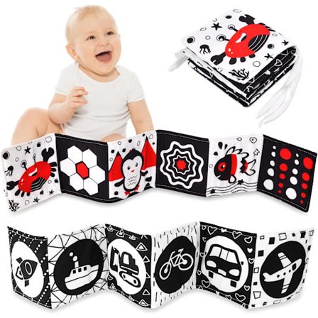 Krabbe baby stofbog, baby blød bog, sort og hvid høj kontrast blød stofbog, foldbar blød stof stille