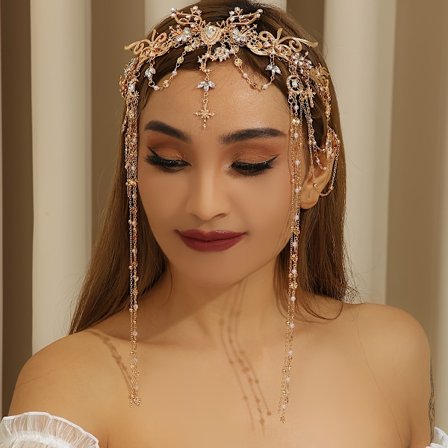 Exklusiv Gyllene Hjortkronan med Rhinestone-Dekoration och Fransar - Bländande Prinsesshuvudbonad i Zinklegering med Glimmande Rhinestones och 