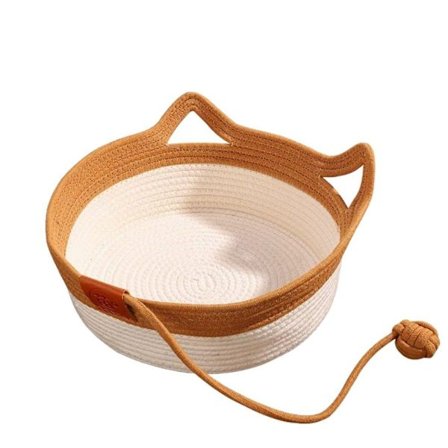 Vævet Reb Kattekurv, Opgraderet Kattekurv Seng med Legetøjshale, Halvt Lukket Design, Rund Katte Seng i Bomuld, til Alle Katte