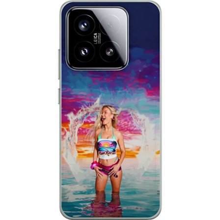 Kompatibel Mobilcover til Xiaomi 15 Blond kvinde i farverigt strandtøj, der leger i havet ved solnedgang