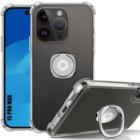 Fodral till iPhone 15 Pro Max - Stötsäkert Transparent Silikonskydd med Silver Ring Support