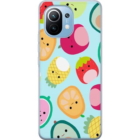 Kompatibel Mobilcover til Xiaomi Mi 11 Mønster af kawaii frugter som jordbær citron ananas og avocado på lyseblå baggrund