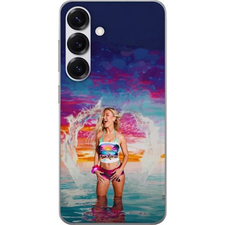 Kompatibelt Mobildeksel til Samsung Galaxy S25 Blond kvinne i fargerik strandantrekk som leker i havet ved solnedgang