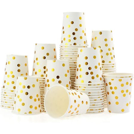 100 st/set 9 oz guldprickade stämplade pappersmuggar Set med 100 st guld engångsmuggar Pappersmuggar Muggar