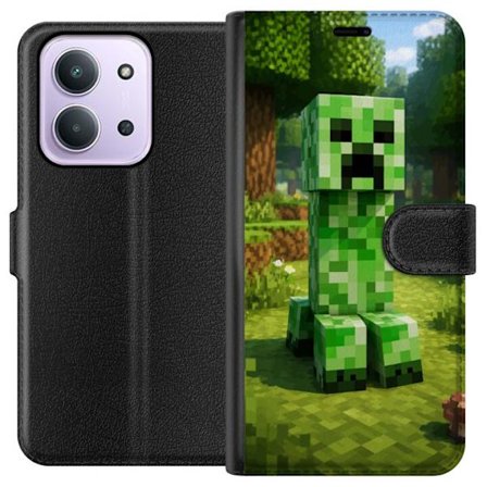 Kompatibelt Plånboksfodral till Xiaomi Xiaomi Redmi 15C Block-baserad Creeper-figur i en grön pixell värld, ikonisk spelillustration för barnrum,