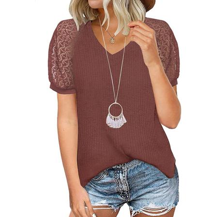 Kvinnor Casual Korta Ärmar Pure Color V-neck Hollow Blus Summ