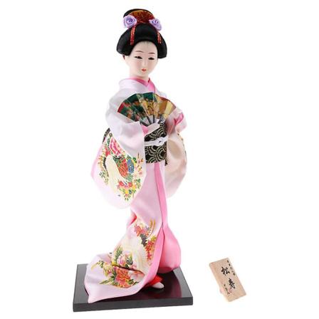 12-tommers japansk kimonodukke Geisha-figur med viftepynt Gavekunsthåndverk Samleobjekter Rosa Clo pink