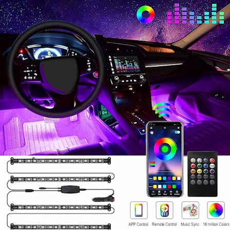 Bil LED Interiør Lys, Ambient Belysning Bil, 48 LED Multicolor Bil Fodbrønd LED Lys 4 stk. Gulv Stemningslys Strips Med App Og Fjernbetjening