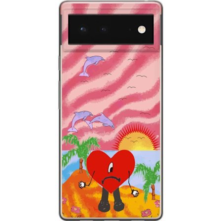Kompatibelt Mobildeksel til Google Pixel 6 Bad Bunny i en fargerik quiltet jakke med hjertemønster og solbriller i moderne gatestil