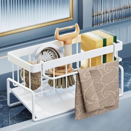 Vägghängd köksförvaringshylla med inbyggd diskbänkshylla för förvaring av kryddor, vit