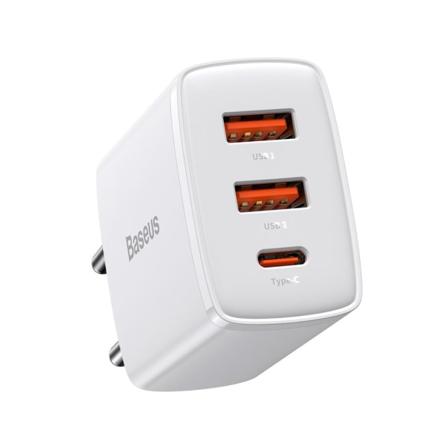 Baseus Seinälaturi 2XUSB + 1xUSB-C 30W 2A PD - Valkoinen
