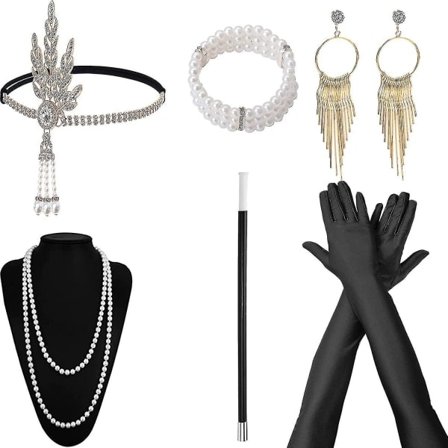 1920'er tilbehør til kvinder, Gatsby tilbehør sæt Mode Brølende 20'er sæt, 7 stk Pandebånd Lange Sorte Handsker Halskæde Øreringe Til Dame style A