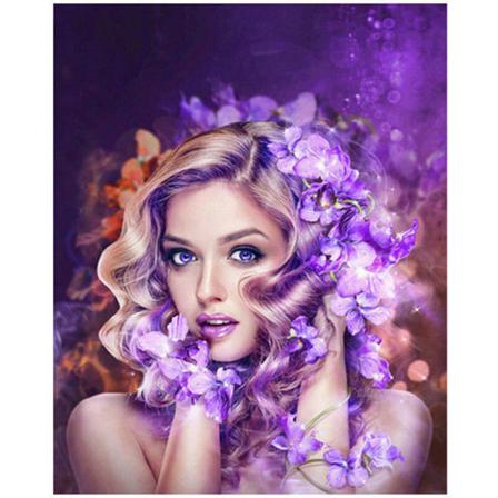 Full 5d Diy Diamond Painting Cross Stitch Purple Flower Girl Bro Som På Bilden 1 35x45cm