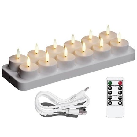 Jul Oppladbare Lys, 12-pakning LED Flammeløse Lys med Fjernkontroll & Timer, Batteridrevne Fairy Lights