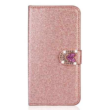 Fodral för iPhone 13 MINI roséguld glitter kärlek klistermärke diamant läder kortplats plånbok strass