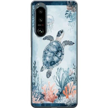 Yhteensopiva Puhelinkuori Sony Xperia 5 III Akvarellimaalaus merikilpikonna korallien ja meduusojen joukossa rauhallisessa sinisessä vedenalaisessa m