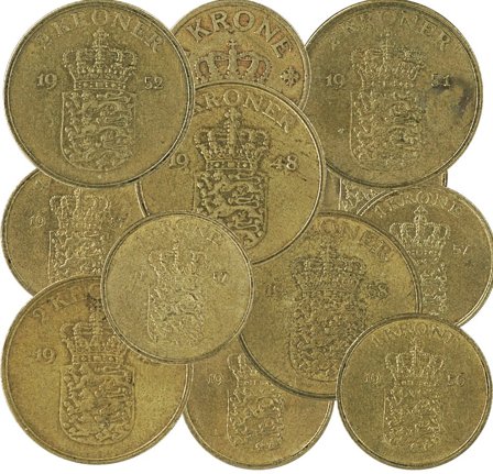 Danmark - 12 danske mønter inkl. dubletter