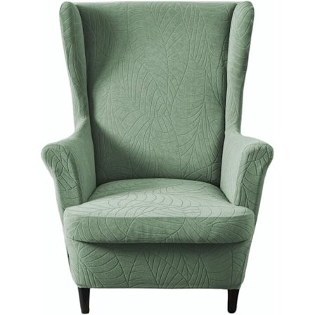 Wingback-tuolin päällinen, 2-osainen, joustava Wingback-tuolin sohvan päällinen, nojatuolin suojus, painettu huonekalusuoja, lehtivihreä