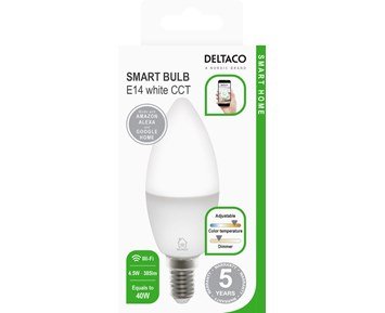 Deltaco Smart E14 Vit, WiFi, 4.5W, 2700K-6500K, dimbar - Smart LED-lampa, kall- och varmvit, E14 sockel