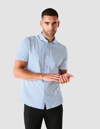 SHAPING NEW TOMORROW Short-Sleeved Twill Shirt Man's - Light Blue Stripes - Small