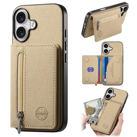 Etui til iPhone 14 Pro Khaki beslag stor opbevaringskort slot anti-fald almindeligt læder