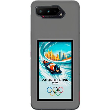 Yhteensopiva Puhelinkuori Asus ROG Phone 5 Dynaaminen kelkkailija tai skeleton-ajaja jääkanavalla Milanon Cortina 2026 kanssa, kaupunkinäkymä ja olymp