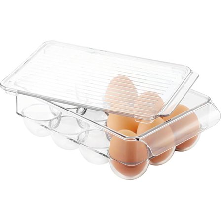 Liten oppbevaringsboks for tolv egg, laget av BPA-fri plast, transparent