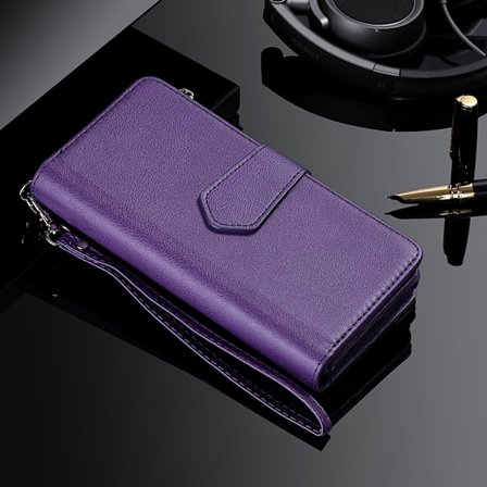 Kotelo iPhone 13 Prolle, violetti halkaistu nahka, magneettinen vetoketjullinen lompakko, kaksi yhdessä