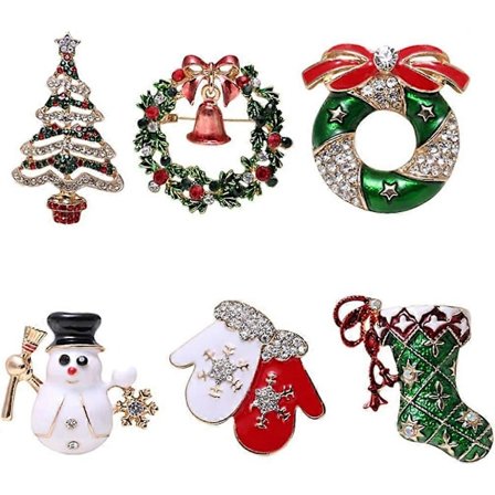 Sett med 6 søte emalje julebrosjer med krystaller for juletre, snømann, klokke, festdekorasjon, gaver (tilfeldig farge)