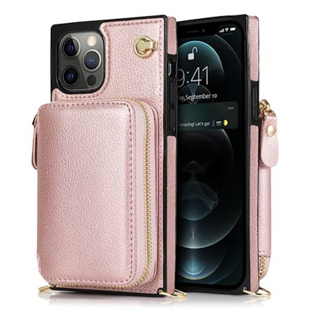 Etui til iPhone 14 Pro Rosaguld Lynlås Læder Multifunktionel Wallet Crossbody