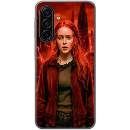 Kompatibelt Mobilskal till Samsung Samsung Galaxy A17 5G Porträtt av en ung kvinna med rött hår i en apokalyptisk landskap, röda blixtar och mörk