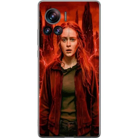 Kompatibelt Mobilskal till Motorola Motorola Edge 30 Ultra Porträtt av en ung kvinna med rött hår i en apokalyptisk landskap, röda blixtar och mö