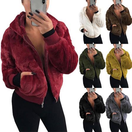 Høst Vinter Dame Varm Glidelås Faux hette - Deep grey L