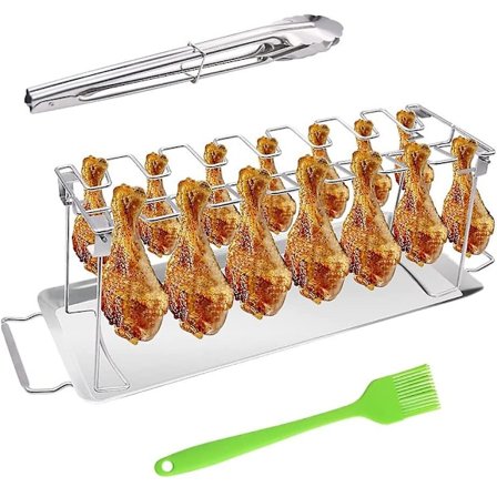 Kyllinglår og Vingegrillstativ - 14 spor Rustfritt stål Roterende stativ med dryppanne, BBQ Kyllingklubber stativ for røykergrill eller ovn, comboa