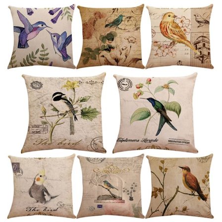 Sæt med 8 pudebetræk 45 x 45 cm Planter Fugle Mønster, Pi