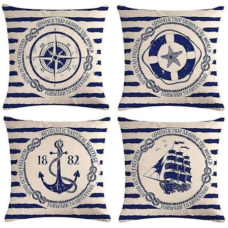 4 stk Pudebetræk Sejlads Navigation Kompas Dekorative Pudebetræk Bomuld Hør Pudebetræk 45x45cm