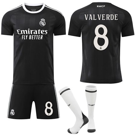 25-26 Real Madrid Barn Vuxen Svart Träning Fotbollströja Kit med Strumpor No.8 VALVERDE No.8 VALVERDE_xx