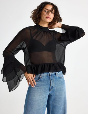 Lindex Rent Bluse Med Volanger - Black - S